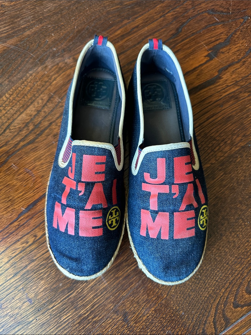 Tory Burch Navy Denim Espadrille Slip-Ons with Red Graphic